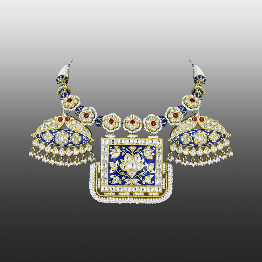 Blue Enamel Pankhi Polki Pendant Necklace